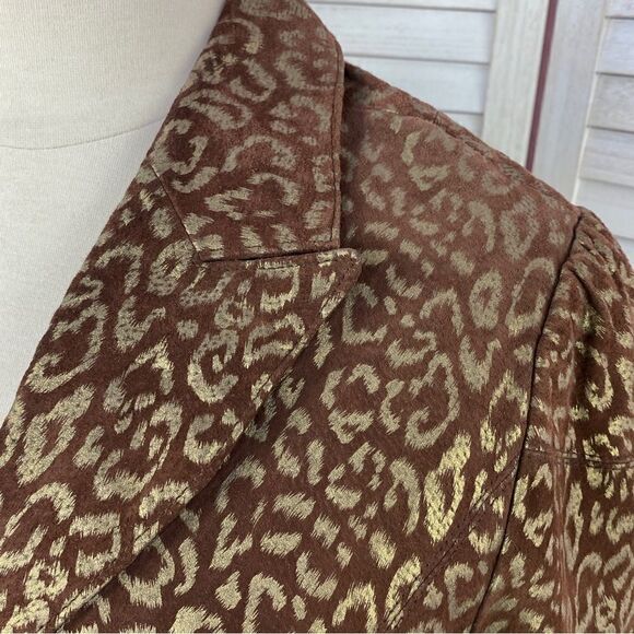 Pamela McCoy Metallic Leopard Print Leather Coat Brown Gold 1X Zipper Front - Picture 6 of 15